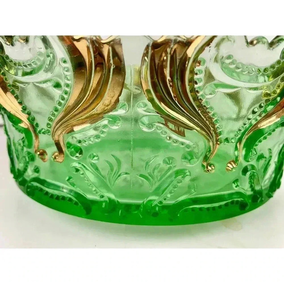 VTG Idyll Pattern Jefferson Pressed Glass Bowl Green Gold Accent - Picture 6 of 10
